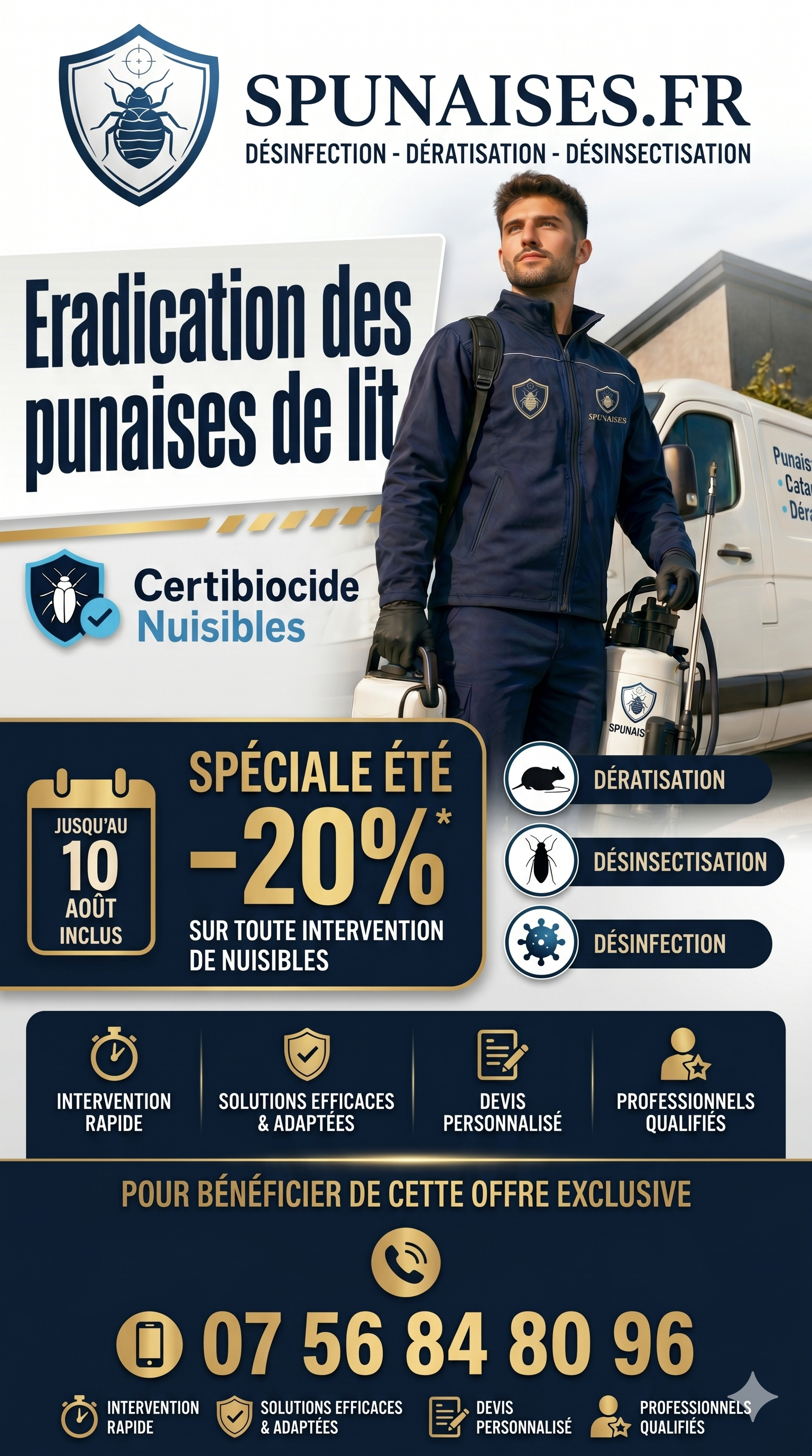 Affiche promotionnelle Spunaises : -20% sur toute intervention été 2026